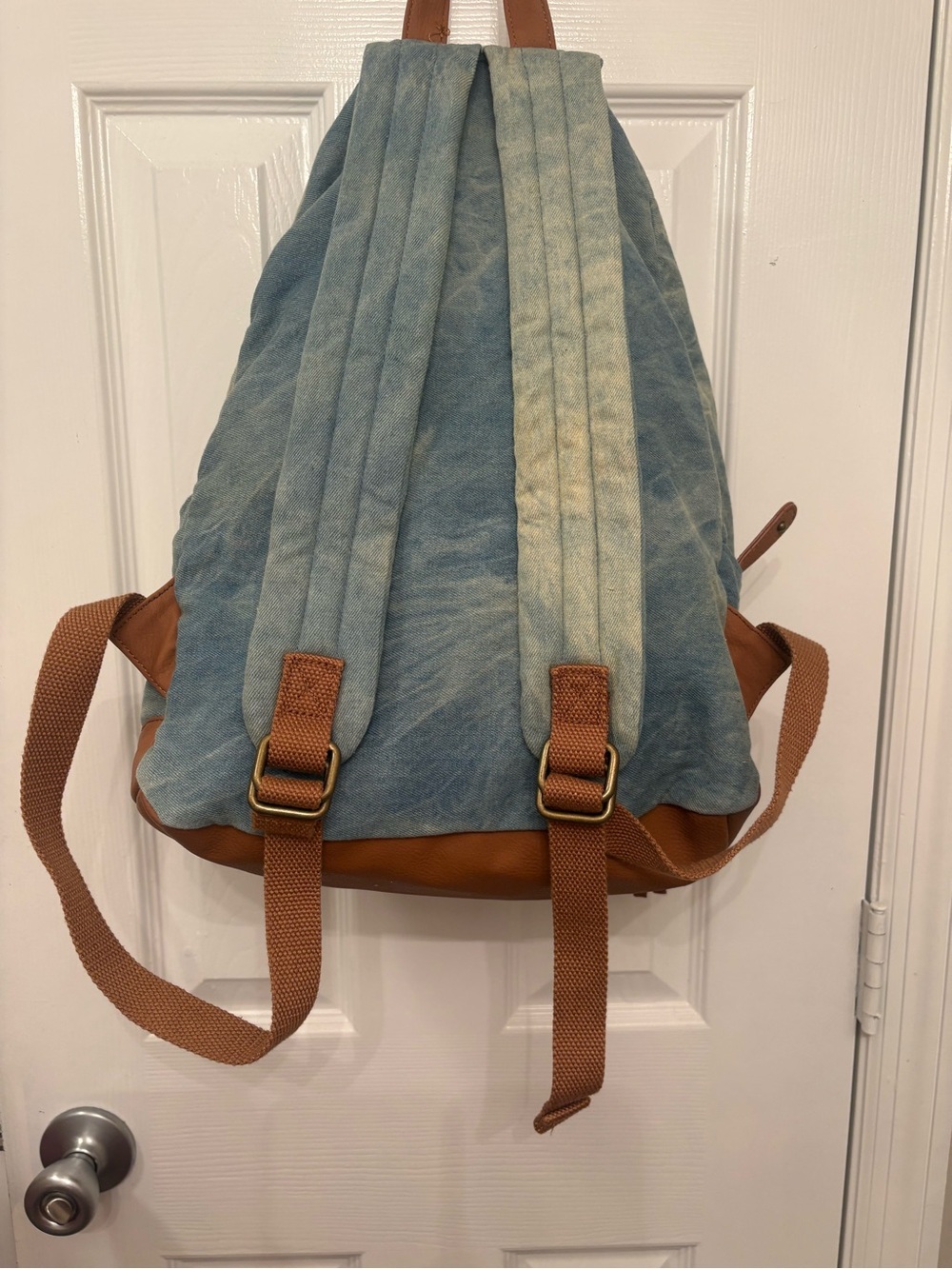 Twig and arrow Denim Blue Backpack with Cream Lace and Brown Trim - Picture 3 of 5